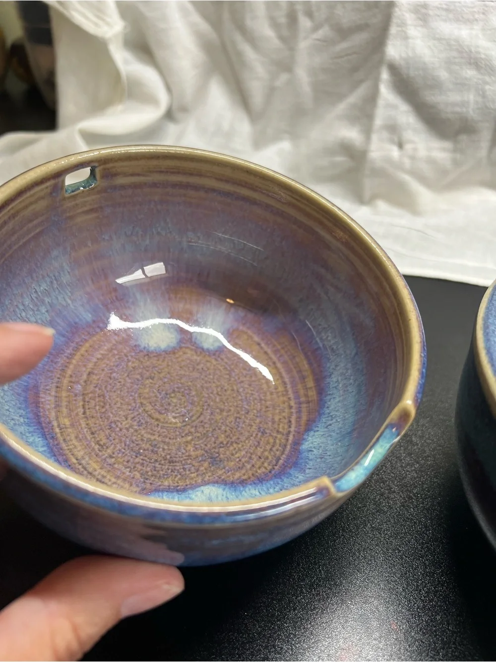 Noodle Bowl Hand Crafted Blue Stoneware Set Of 2. Marked AD